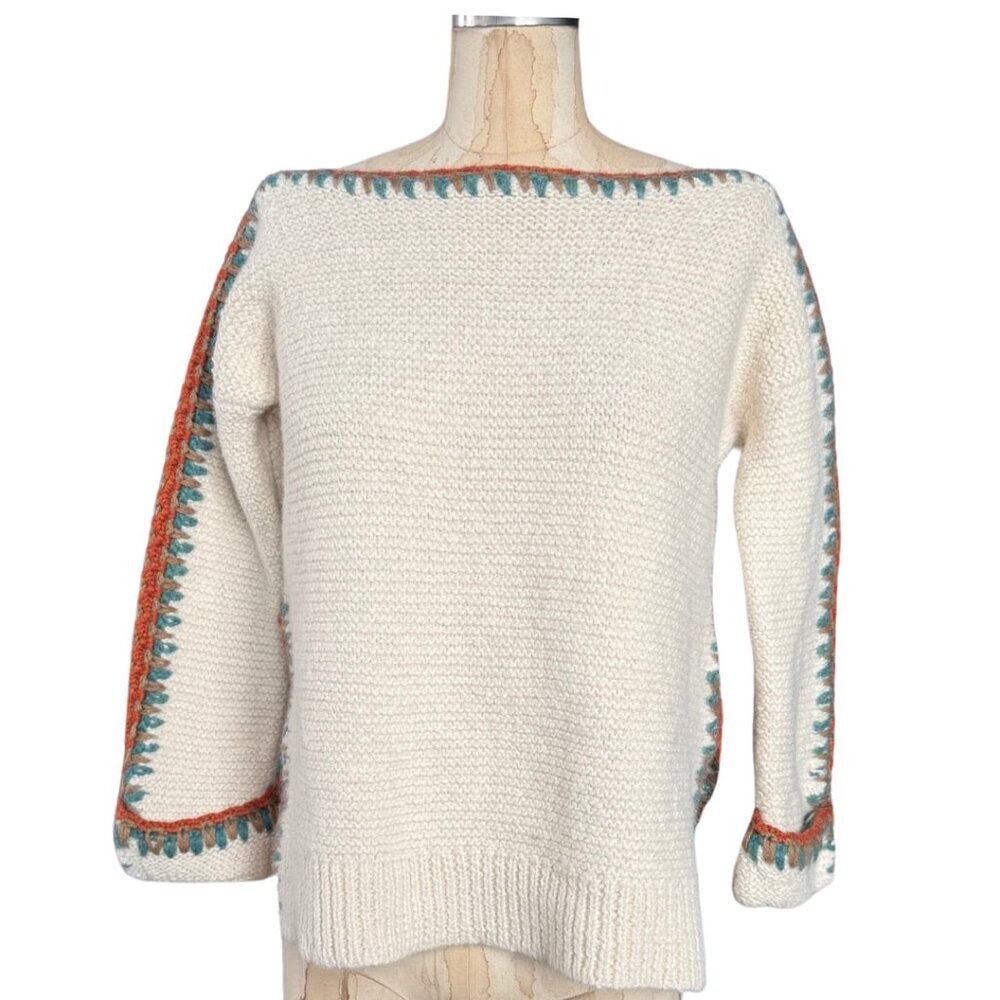 Calypso St Barth Size XS Alpaca Sweater Ivory with Orange and Teal Stitching
